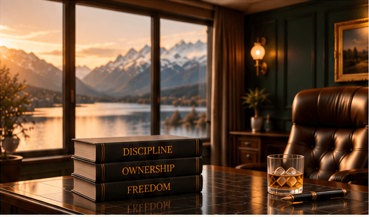 A private study overlooking a mountain lake at sunset, with books titled Discipline, Ownership and Freedom on the desk